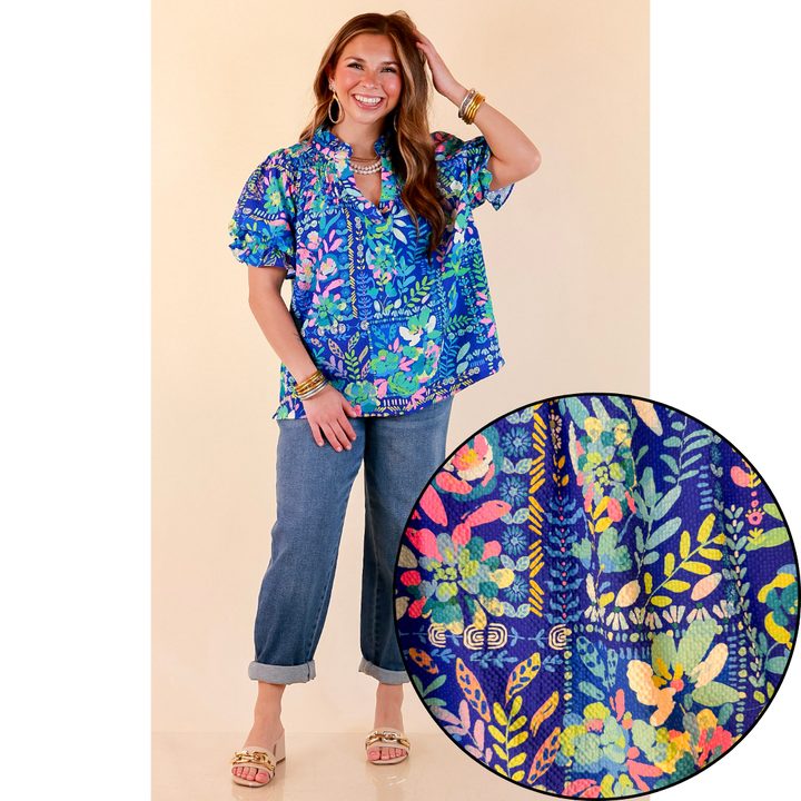 Living in Color Watercolor Floral Print Textured Top with Puff Sleeves in Royal Blue