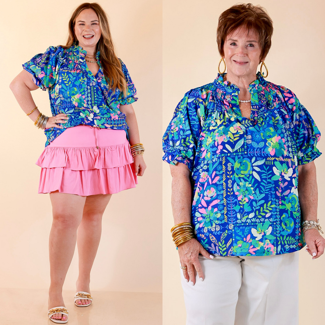 Living in Color Watercolor Floral Print Textured Top with Puff Sleeves in Royal Blue