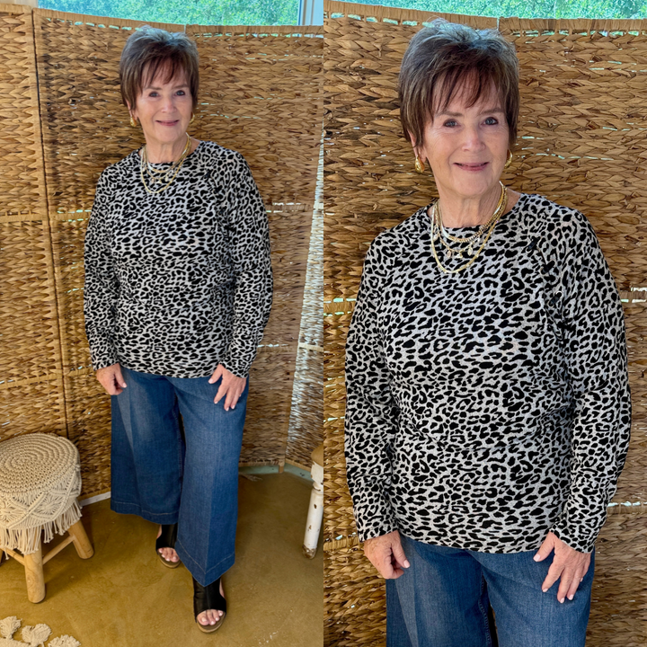 Long Sleeve Leopard Print Top in Grey