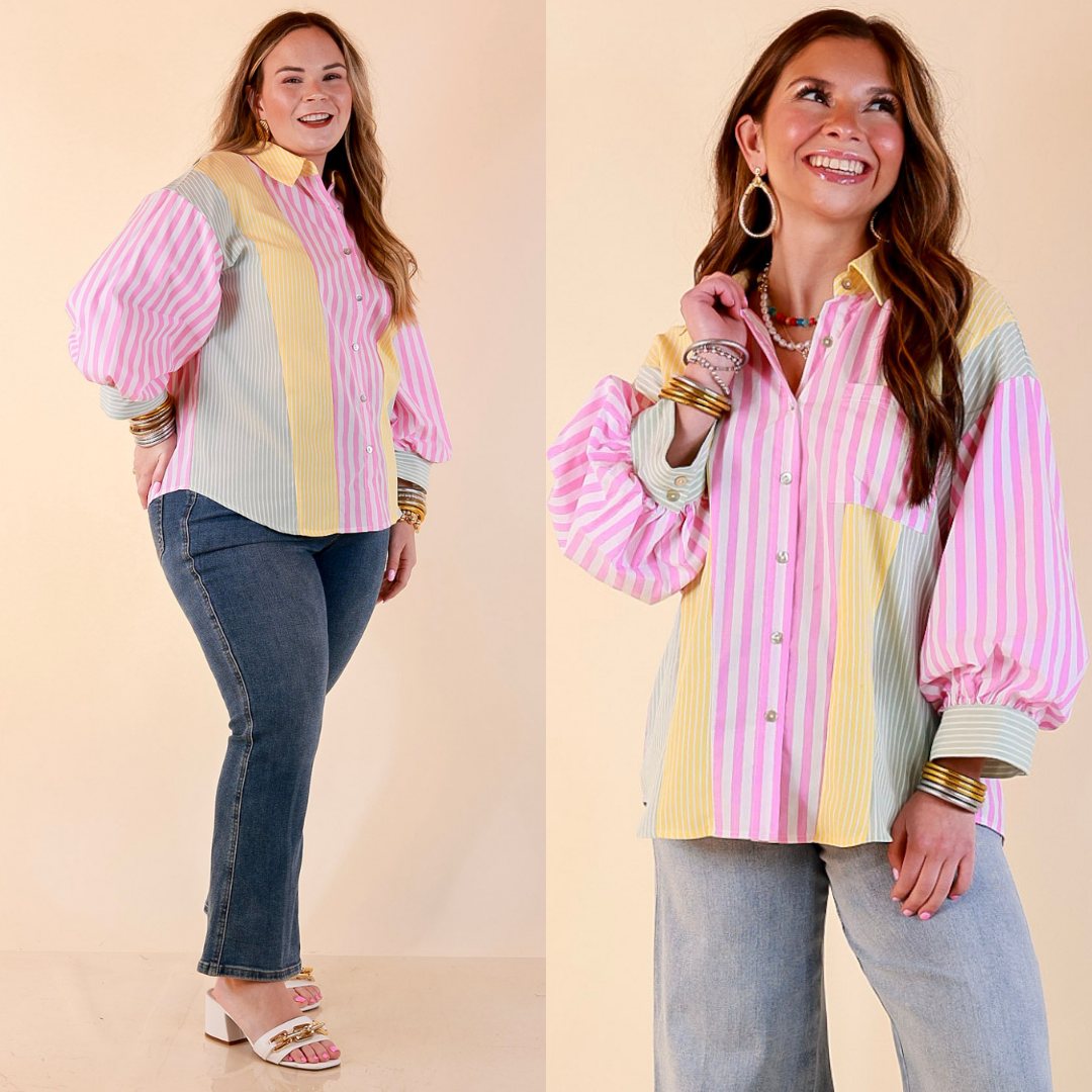 Lovely Impression Colorblock Stripe Button Front Top with Balloon Sleeves in Pink, Yellow and Green