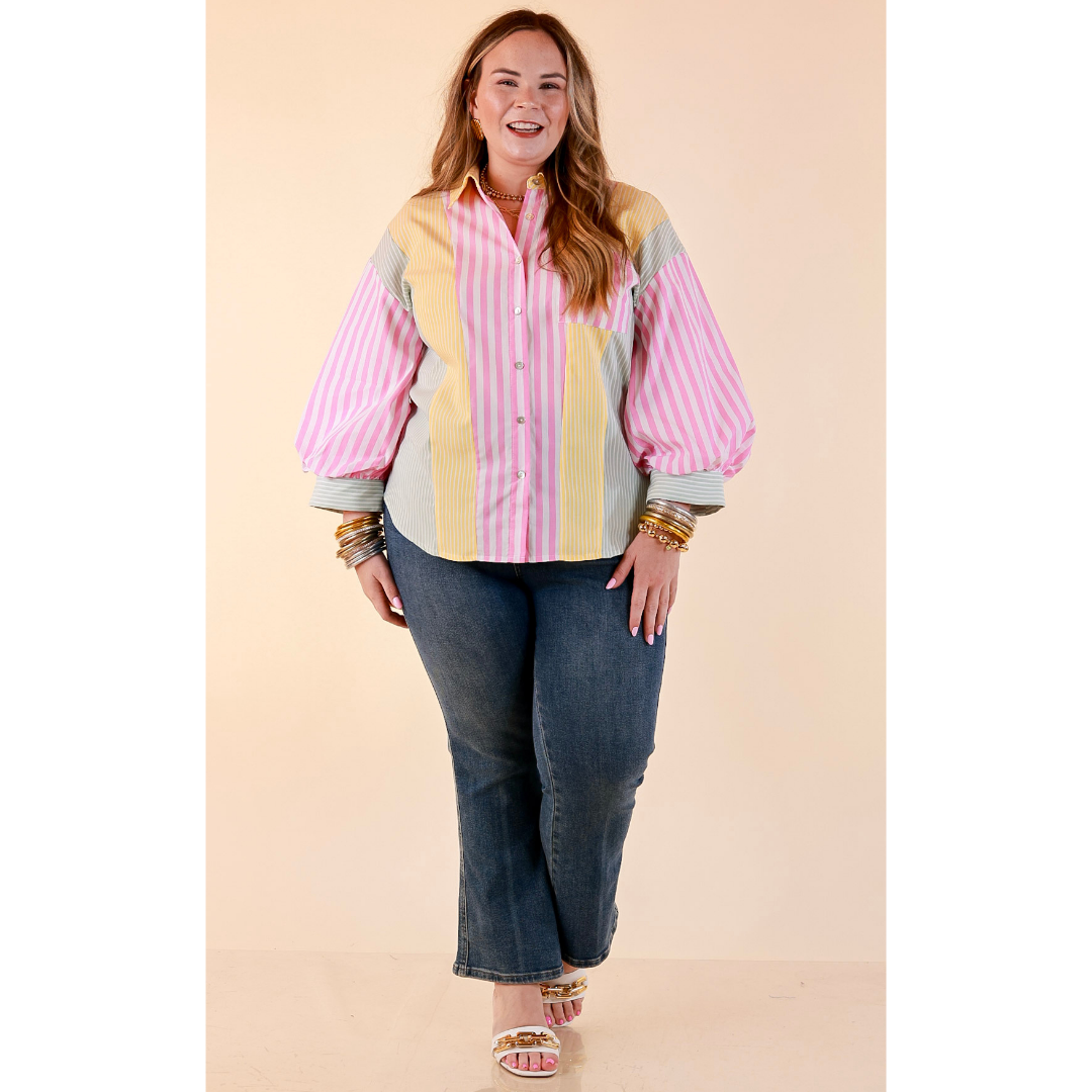 Lovely Impression Colorblock Stripe Button Front Top with Balloon Sleeves in Pink, Yellow and Green