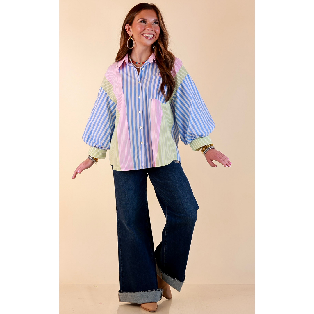 Lovely Impression Colorblock Stripe Button Front Top with Balloon Sleeves in Pink, Blue and Green
