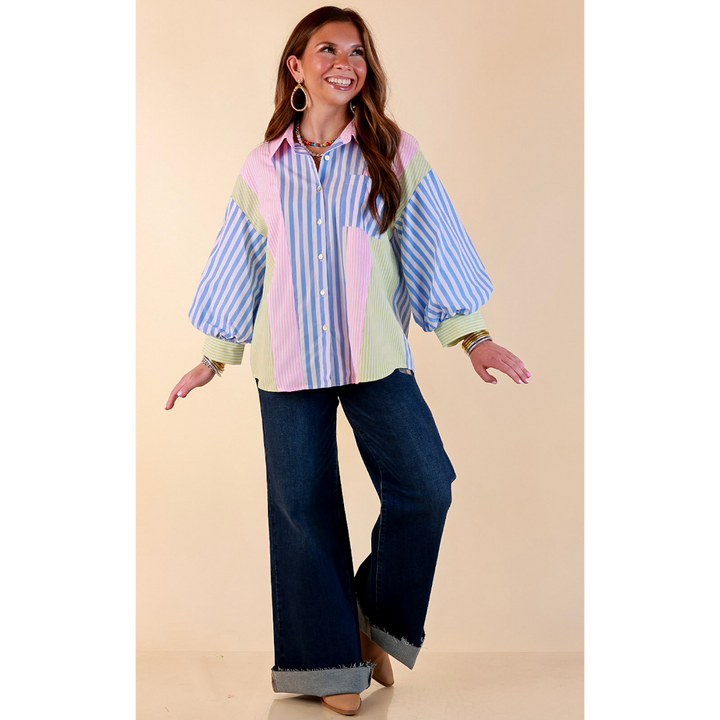 Lovely Impression Colorblock Stripe Button Front Top with Balloon Sleeves in Pink, Blue and Green