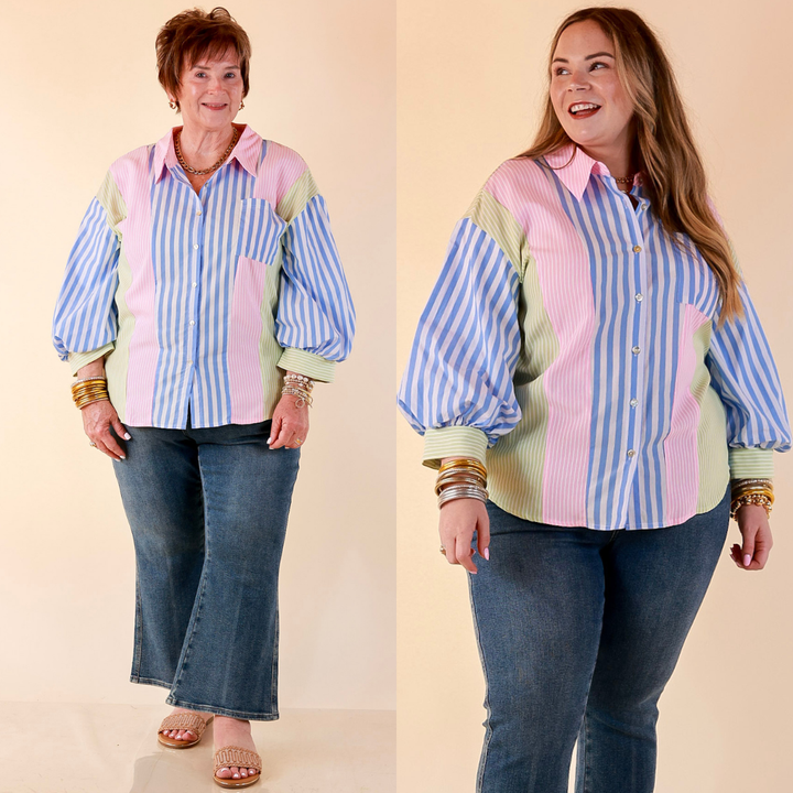 Lovely Impression Colorblock Stripe Button Front Top with Balloon Sleeves in Pink, Blue and Green