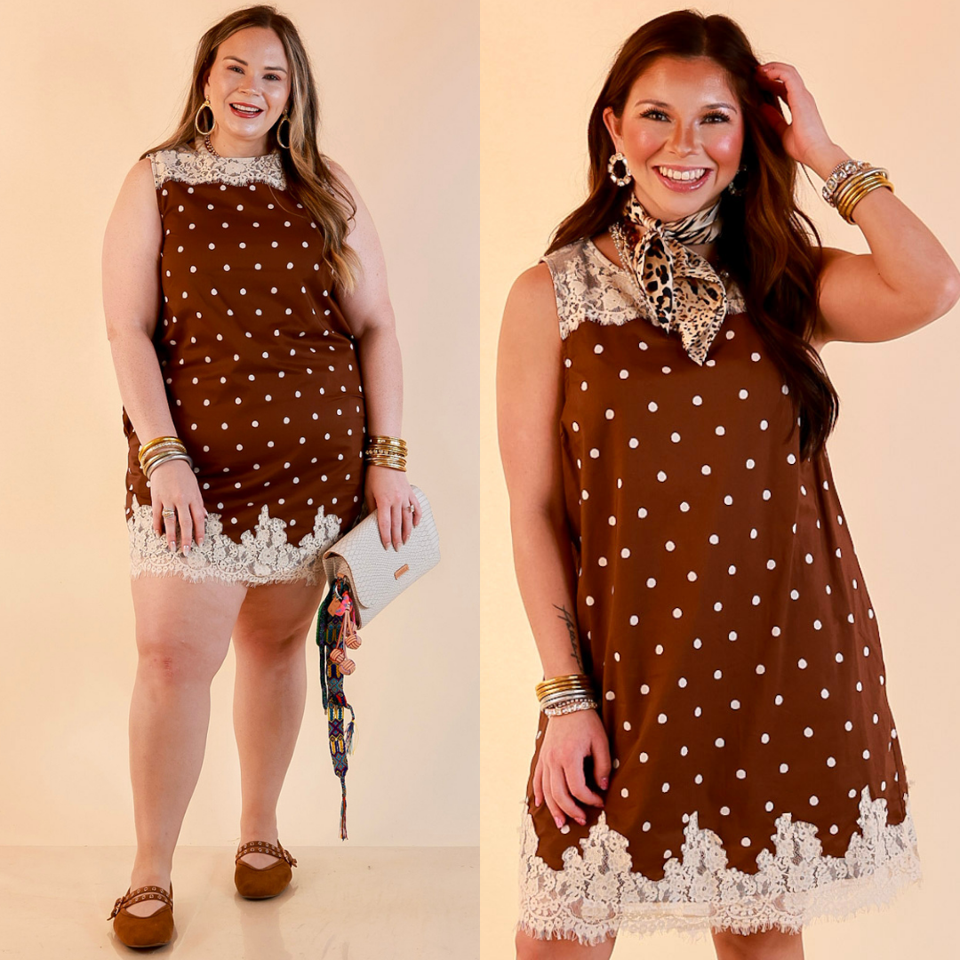 Lovely Little Details Polka Dot Lace Trim Sleeveless Shift Dress in Chocolate Brown and Ivory