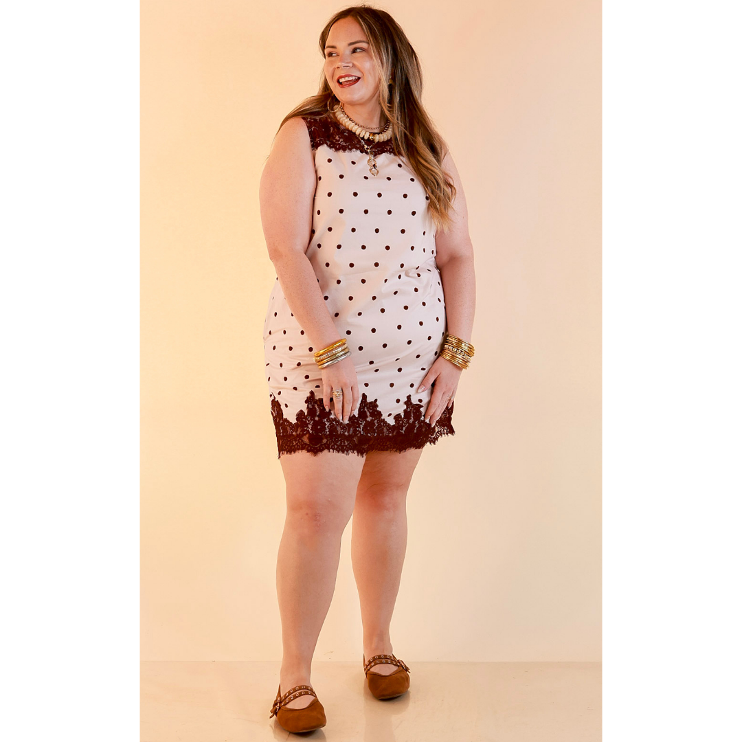 Lovely Little Details Polka Dot Lace Trim Sleeveless Shift Dress in Ivory and Chocolate Brown