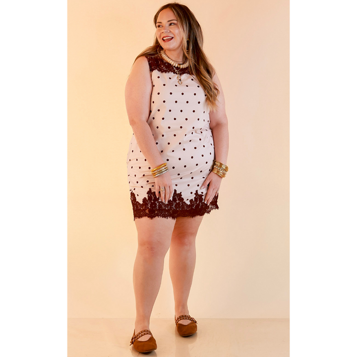 Lovely Little Details Polka Dot Lace Trim Sleeveless Shift Dress in Ivory and Chocolate Brown