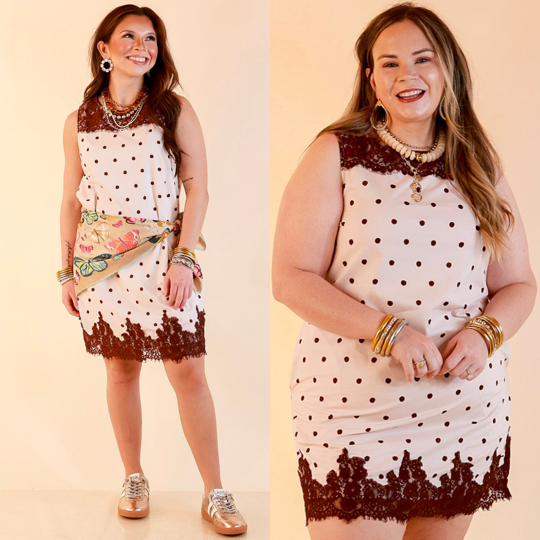 Lovely Little Details Polka Dot Lace Trim Sleeveless Shift Dress in Ivory and Chocolate Brown