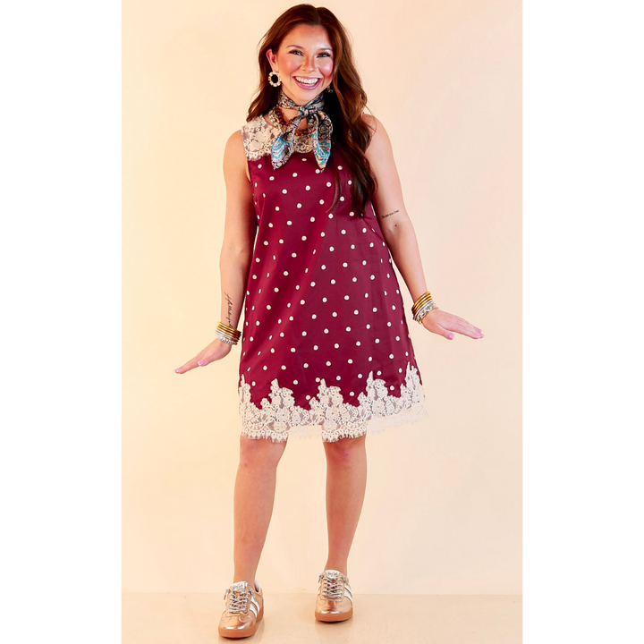 Lovely Little Details Polka Dot Lace Trim Sleeveless Shift Dress in Maroon and Ivory