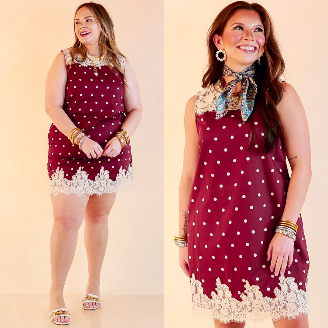 Lovely Little Details Polka Dot Lace Trim Sleeveless Shift Dress in Maroon and Ivory