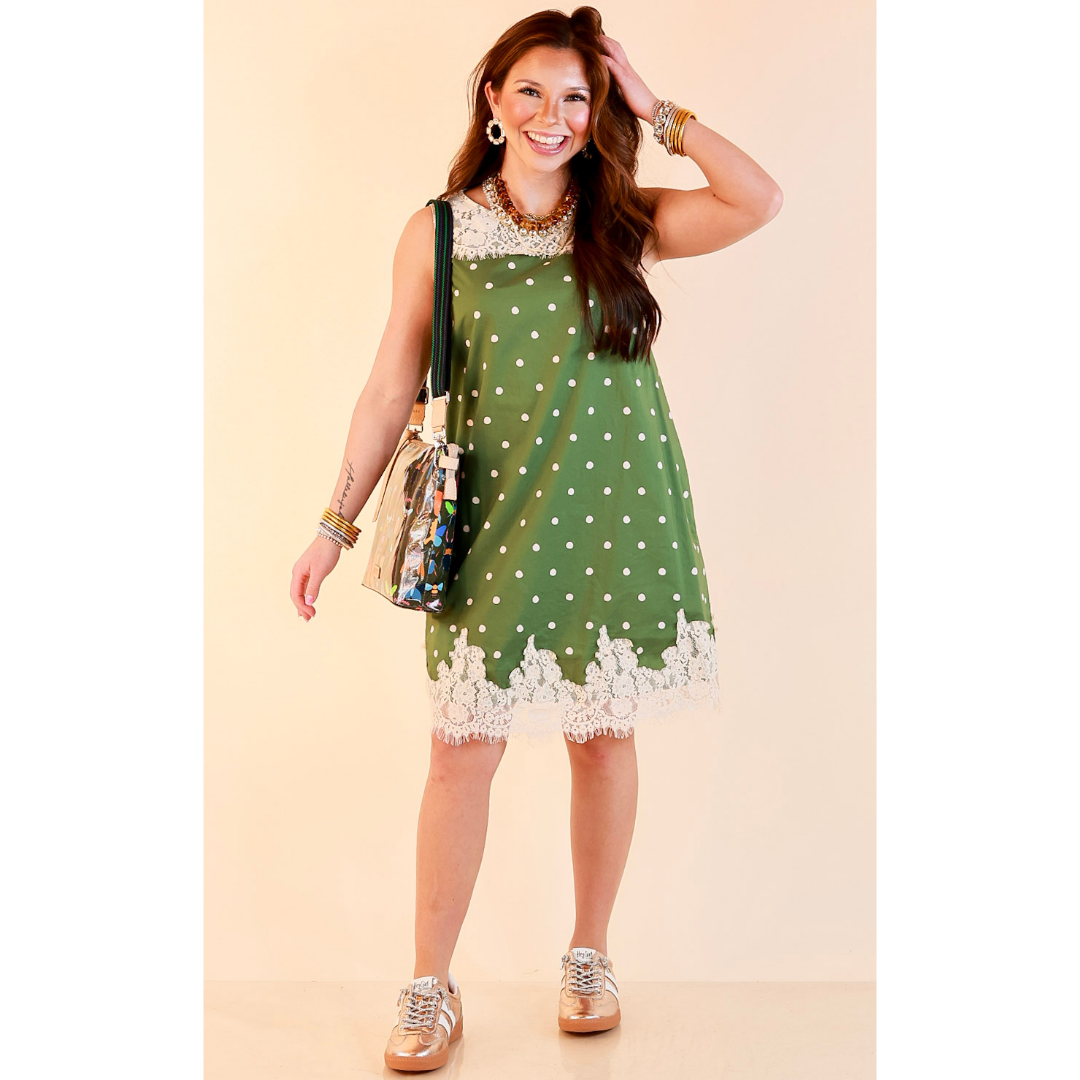 Lovely Little Details Polka Dot Lace Trim Sleeveless Shift Dress in Olive Green and Ivory