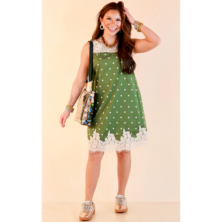Lovely Little Details Polka Dot Lace Trim Sleeveless Shift Dress in Olive Green and Ivory