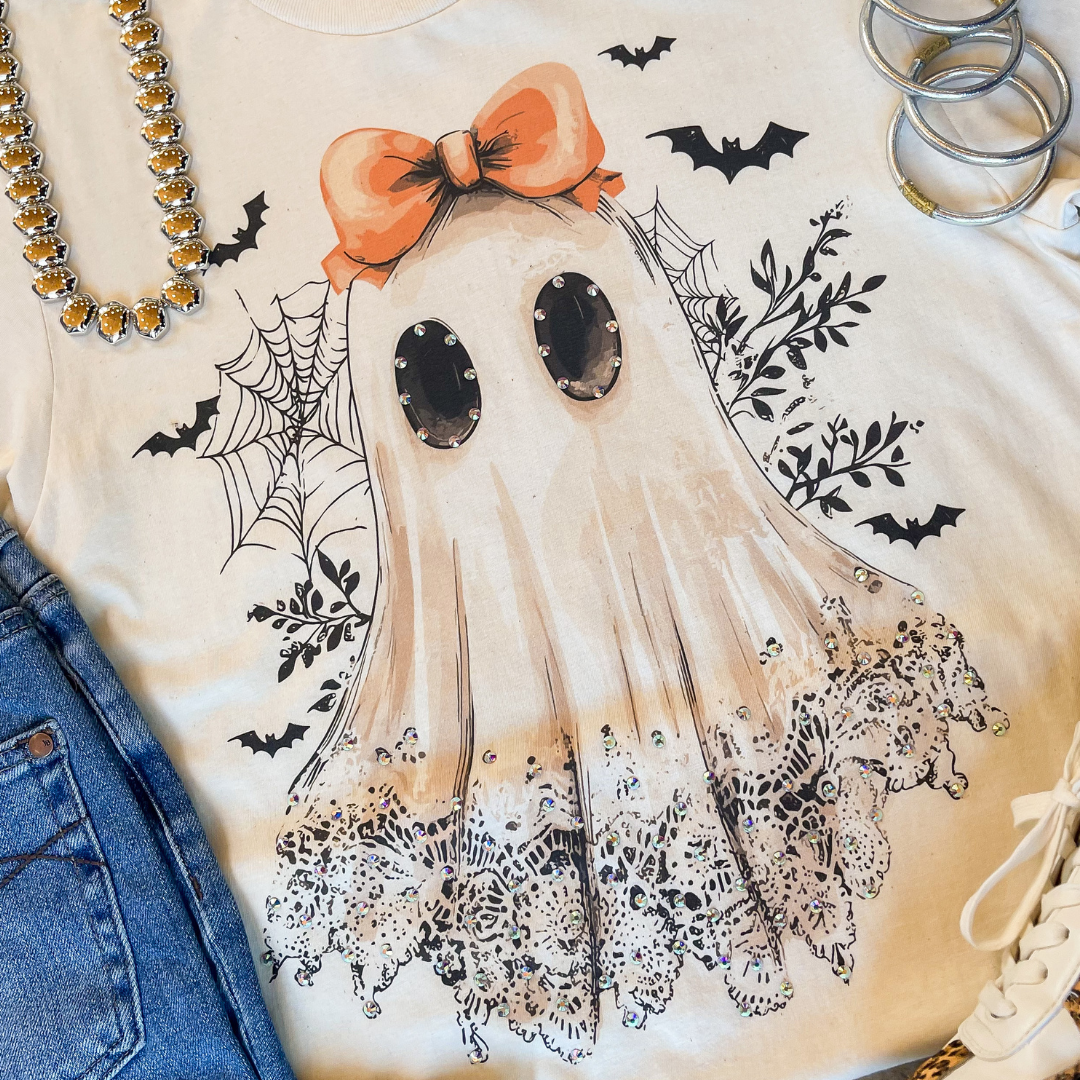 Lovely Little Phantom Lace Ghost Short Sleeve Graphic Tee with Crystals in Cream