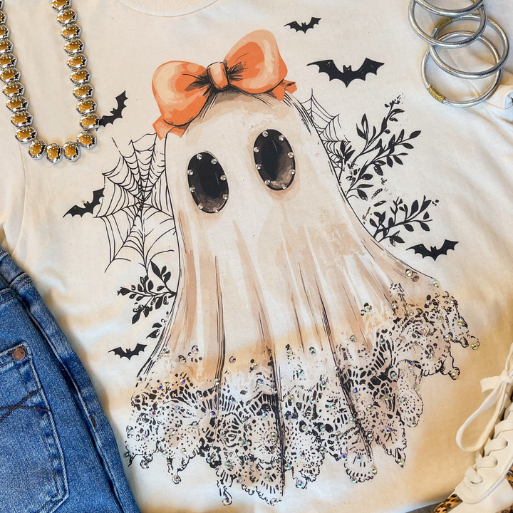 Lovely Little Phantom Lace Ghost Short Sleeve Graphic Tee with Crystals in Cream