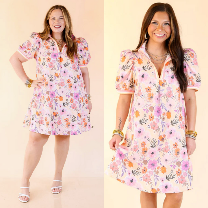 Lovely as Ever V Neck Floral Print Dress in Pink, Coral Orange and Purple Mix
