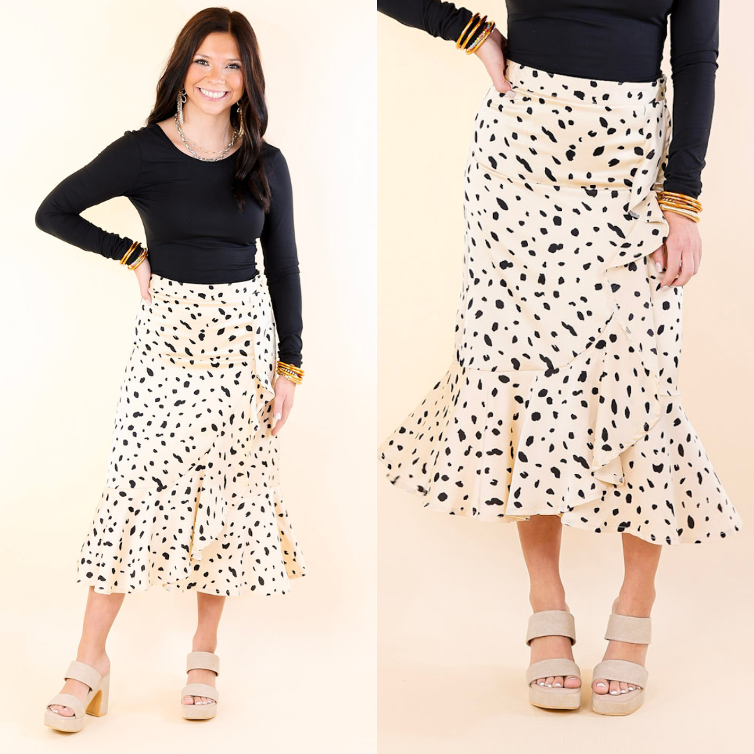 Lovely in L.A. Black Dotted Ruffle Wrap Midi Skirt in Beige