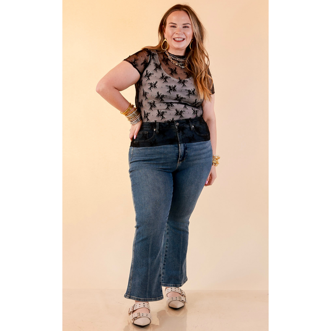 Lovely in Lace Sheer Mock Neck Short Sleeve Top in Black