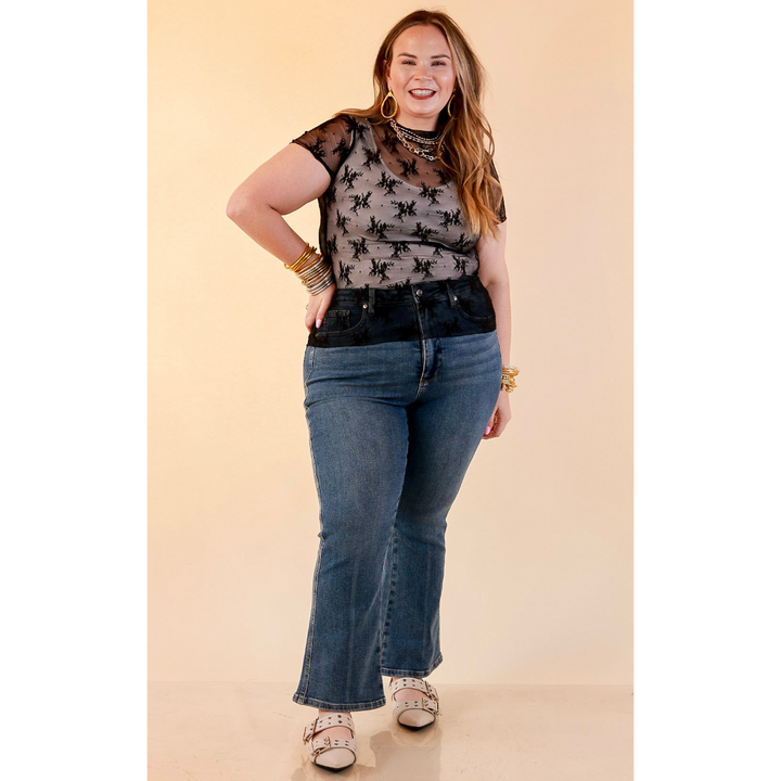 Lovely in Lace Sheer Mock Neck Short Sleeve Top in Black