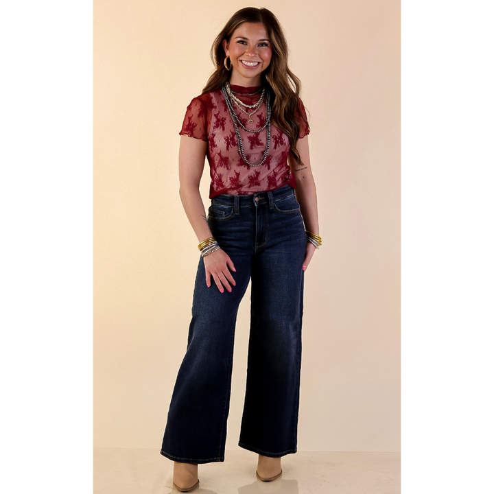 Lovely in Lace Sheer Mock Neck Short Sleeve Top in Maroon