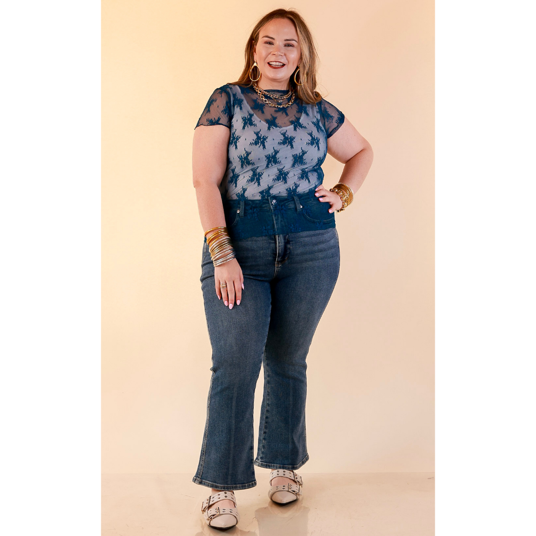 Lovely in Lace Sheer Mock Neck Short Sleeve Top in Teal Blue