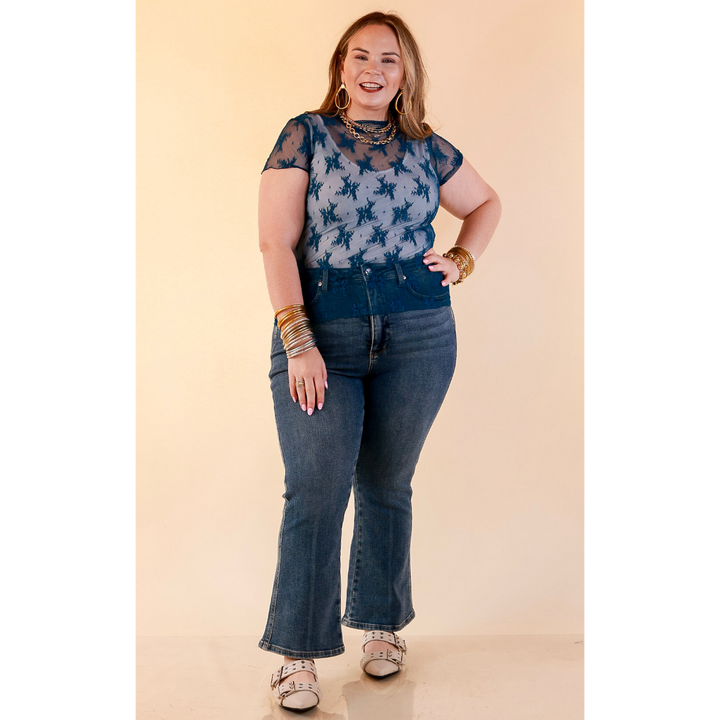 Lovely in Lace Sheer Mock Neck Short Sleeve Top in Teal Blue