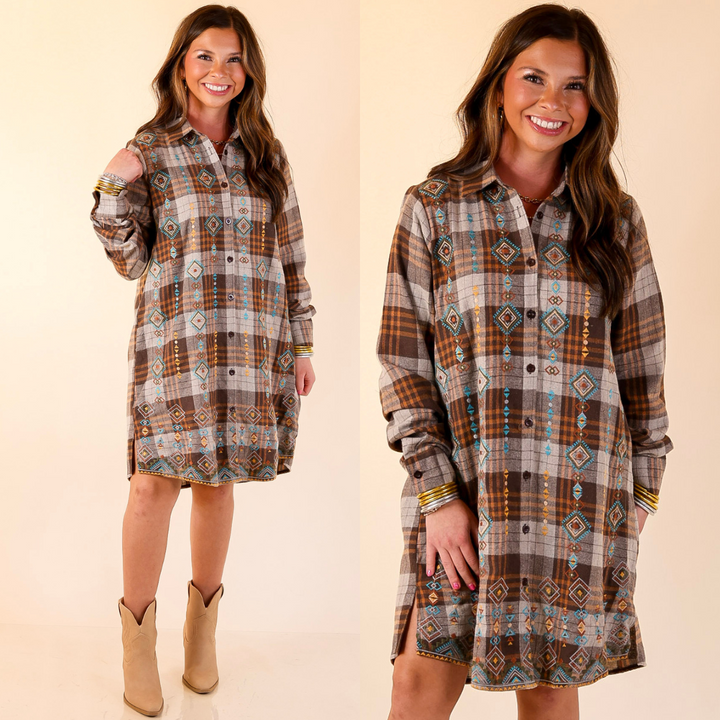 Loving In Layers Tribal Embroidered Plaid Button Up Dress in Brown Mix