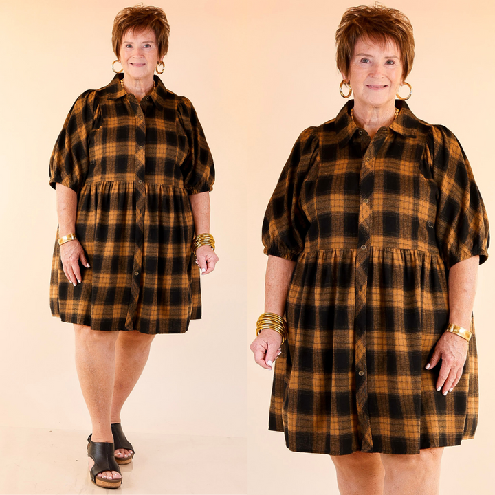 Adventures Ahead Plaid Button Up Babydoll Dress in Camel Brown
