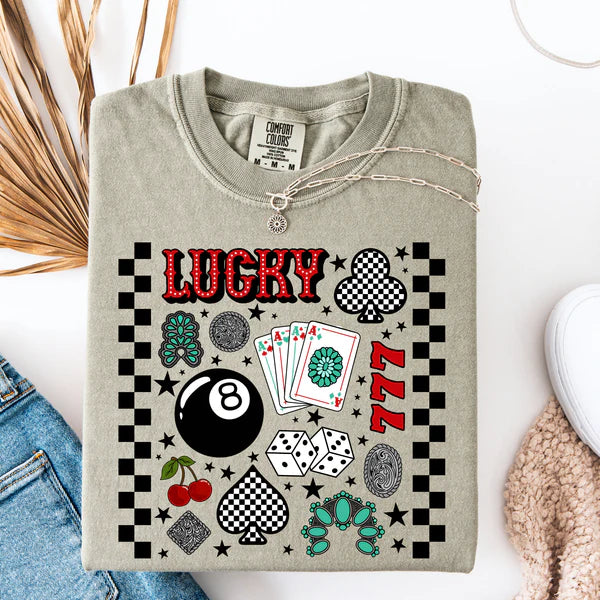 Gray shirt with lucky symbols on a white background