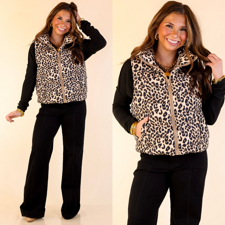 Lucky in Leopard Print Puffer Vest in Cream and Black