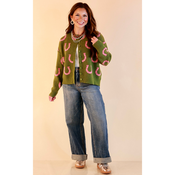 Lucky in Love Horseshoe Print Button Front Cardigan Sweater in Olive Green and Pink