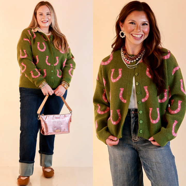 Lucky in Love Horseshoe Print Button Front Cardigan Sweater in Olive Green and Pink