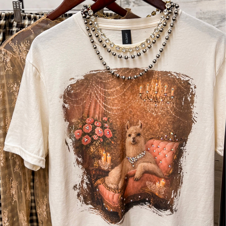 Lucy Lou Glam Pink Llama Short Sleeve Graphic Tee with Crystals in Cream
