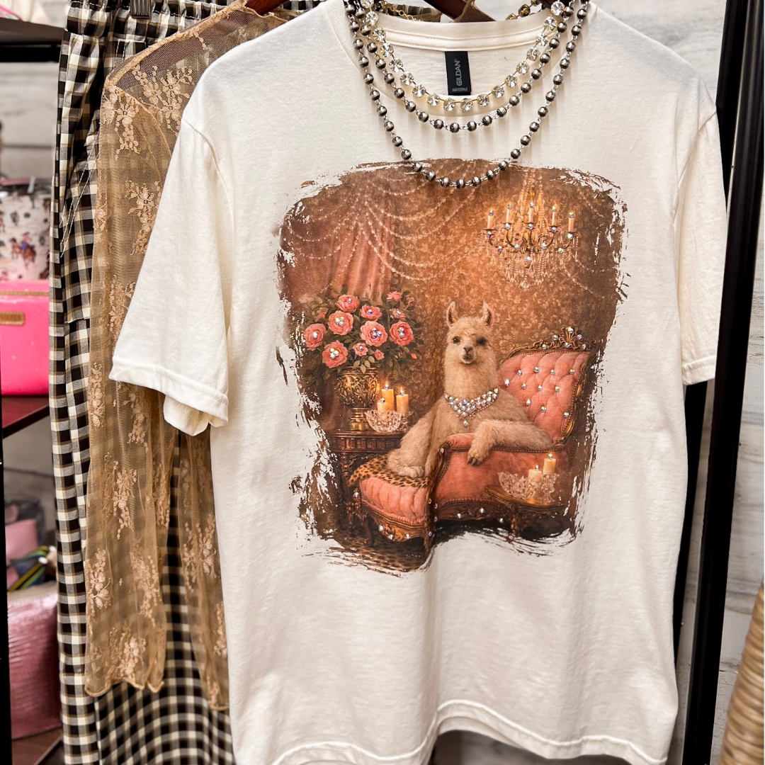 Lucy Lou Glam Pink Llama Short Sleeve Graphic Tee with Crystals in Cream