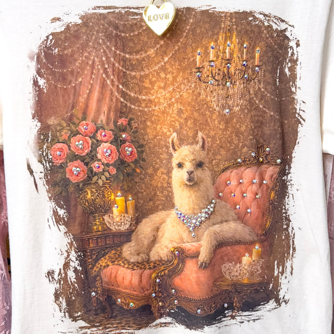 Lucy Lou Glam Pink Llama Short Sleeve Graphic Tee with Crystals in Cream