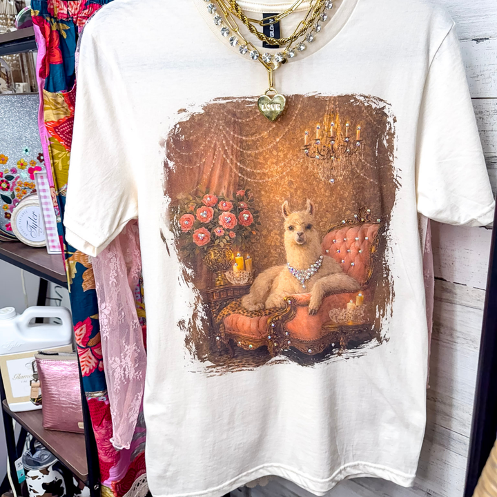 Lucy Lou Glam Pink Llama Short Sleeve Graphic Tee with Crystals in Cream