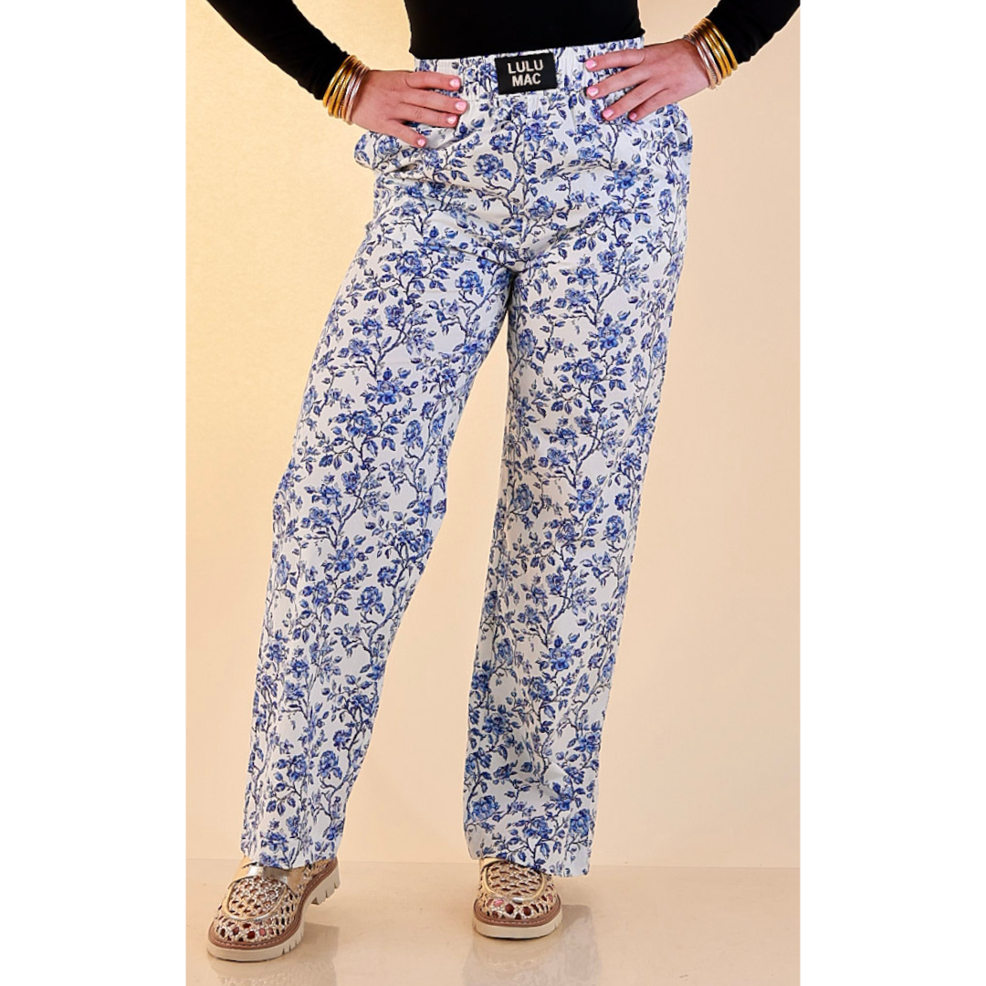 Lulu Mac | Casual Agenda Floral Toile Print Boxer Pants with Elastic Waistband in Blue