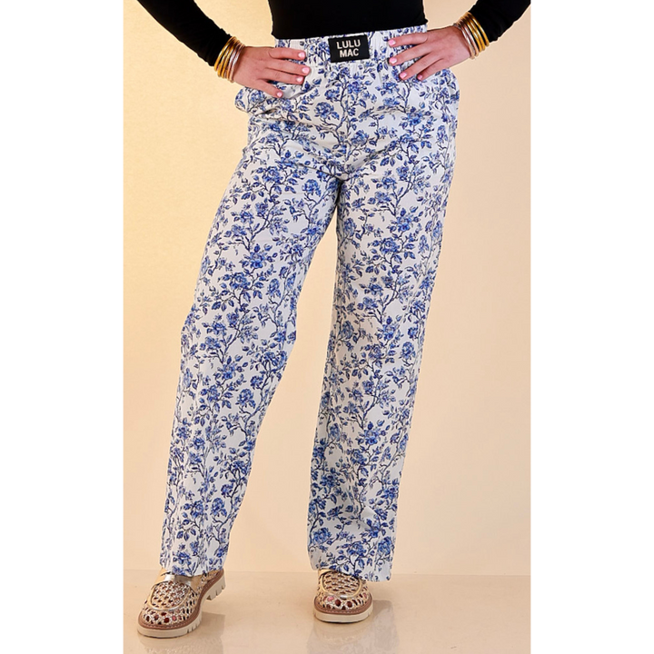 Lulu Mac | Casual Agenda Floral Toile Print Boxer Pants with Elastic Waistband in Blue