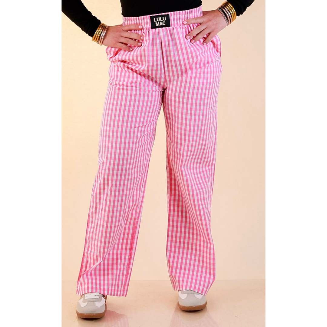 Lulu Mac | Casual Agenda Gingham Print Boxer Pants with Elastic Waistband in Pink