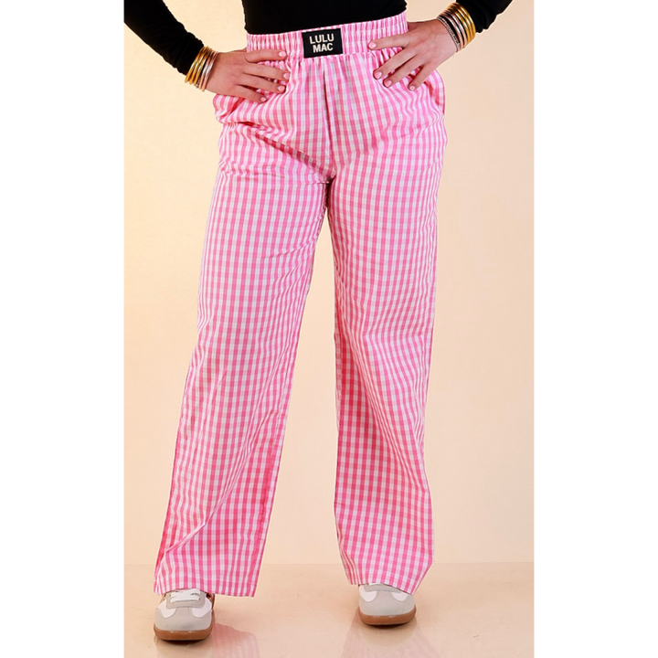 Lulu Mac | Casual Agenda Gingham Print Boxer Pants with Elastic Waistband in Pink