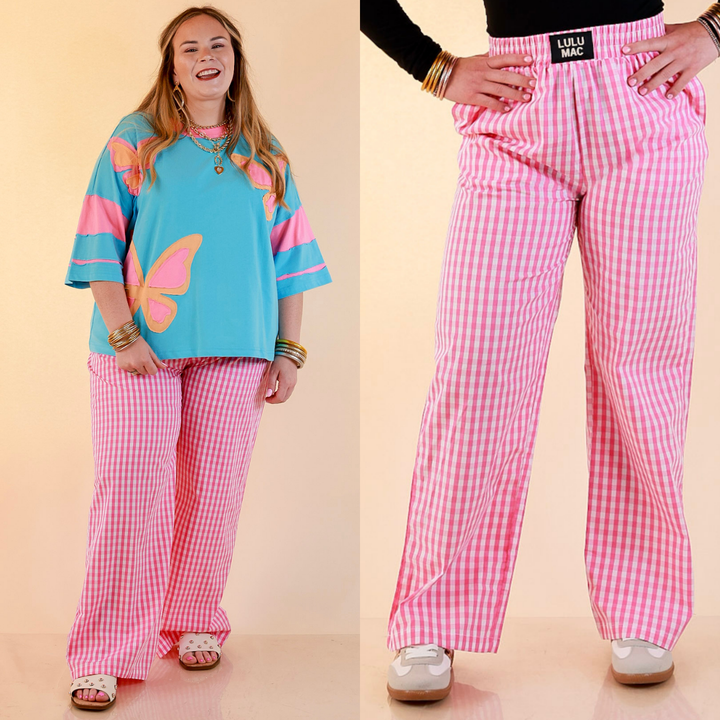 Lulu Mac | Casual Agenda Gingham Print Boxer Pants with Elastic Waistband in Pink