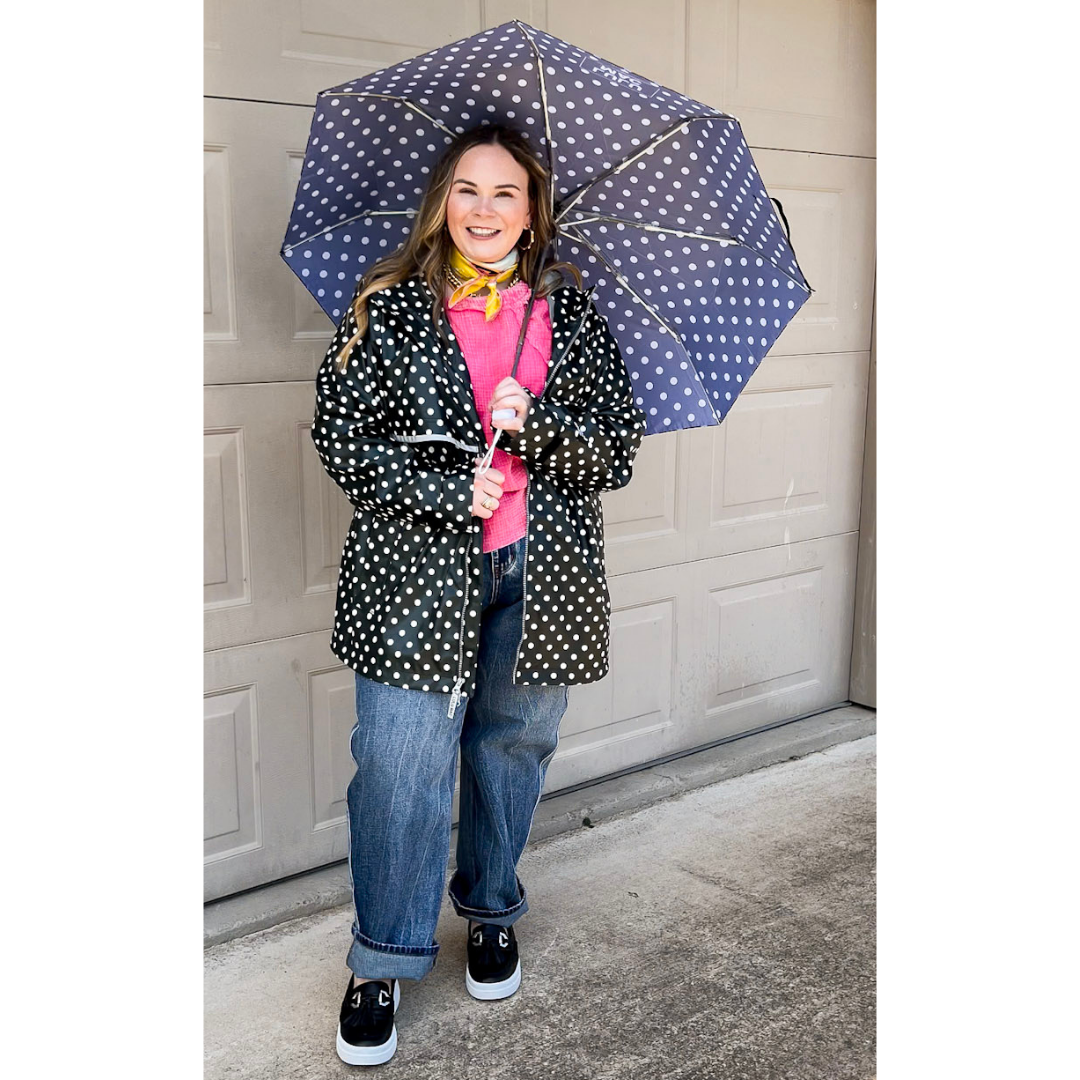 Lulu Mac | Chic Forecast Ivory Polka Dot Hooded Rain Jacket in Black