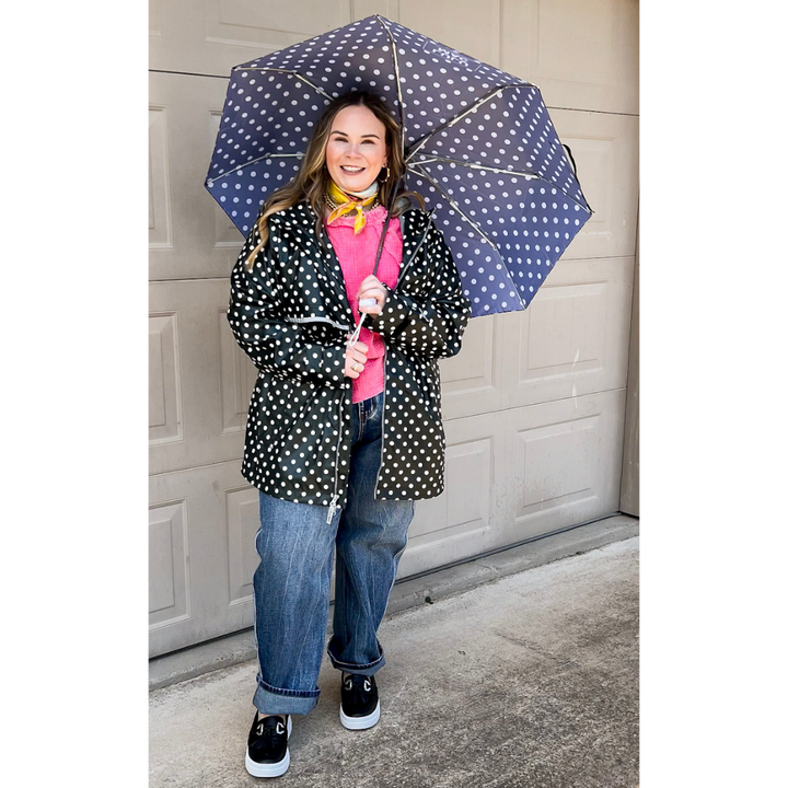Lulu Mac | Chic Forecast Ivory Polka Dot Hooded Rain Jacket in Black