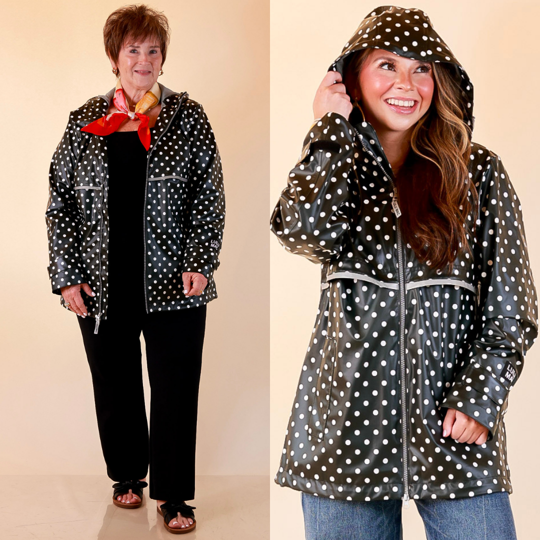 Lulu Mac | Chic Forecast Ivory Polka Dot Hooded Rain Jacket in Black