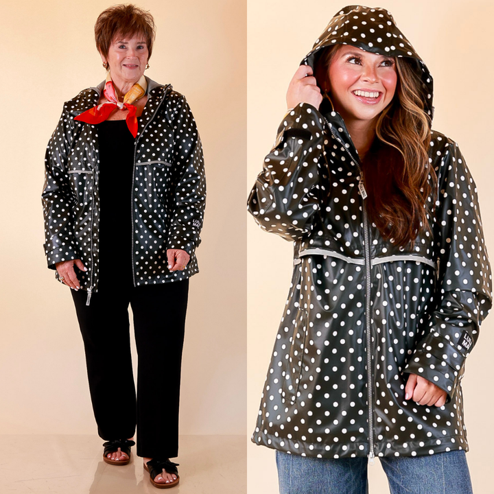 Lulu Mac | Chic Forecast Ivory Polka Dot Hooded Rain Jacket in Black