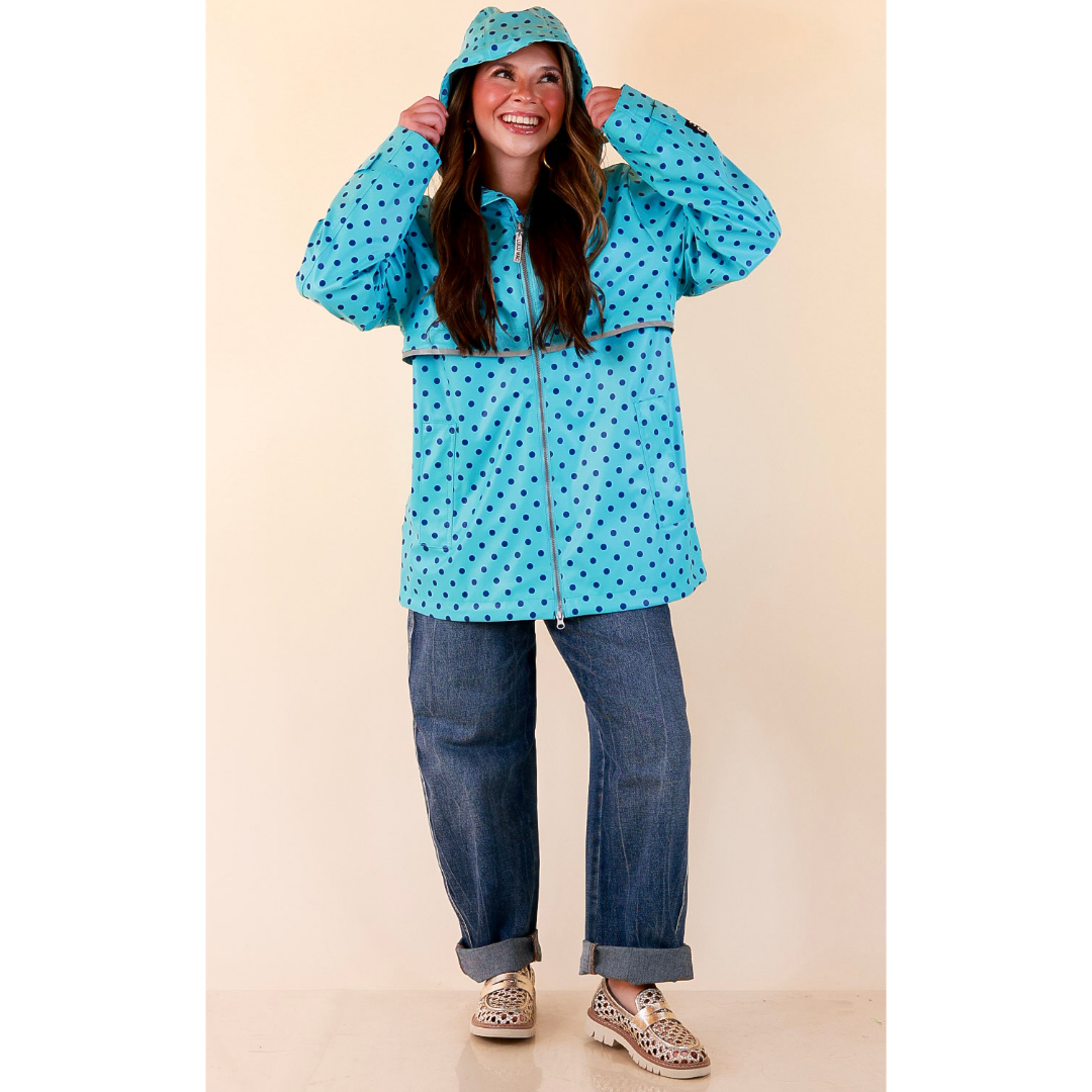 Lulu Mac | Chic Forecast Navy Blue Polka Dot Hooded Rain Jacket in Turquoise Blue