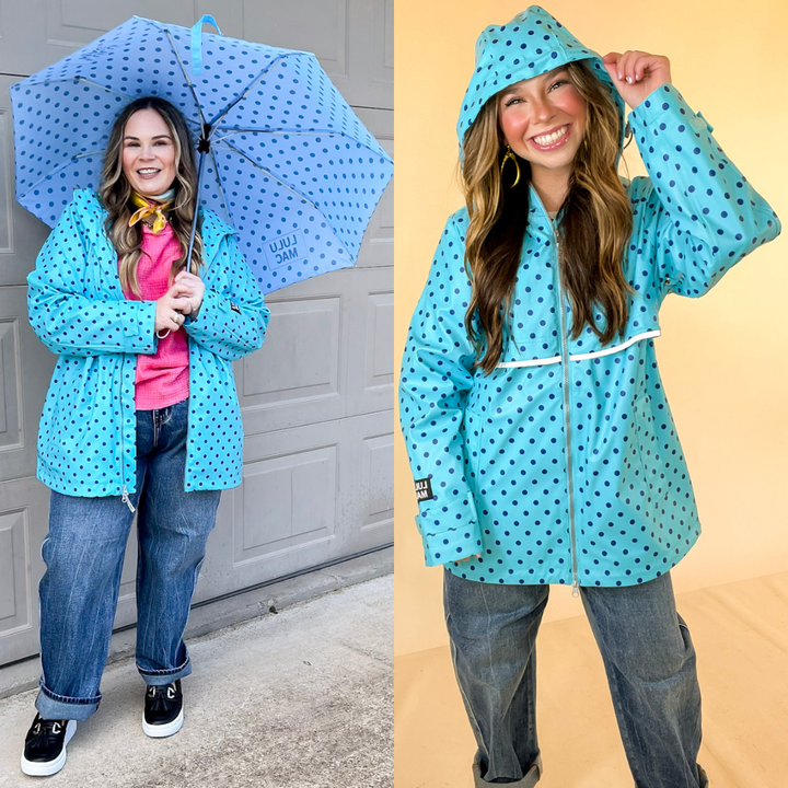 Lulu Mac | Chic Forecast Navy Blue Polka Dot Hooded Rain Jacket in Turquoise Blue