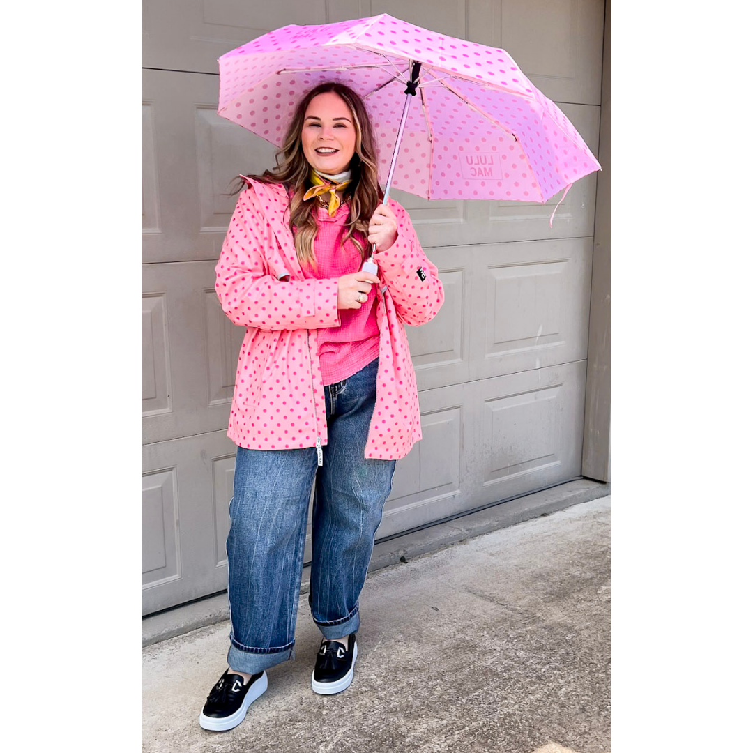 Lulu Mac | Chic Forecast Polka Dot Hooded Rain Jacket in Pink