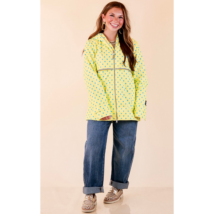 Lulu Mac | Chic Forecast Turquoise Blue Polka Dot Hooded Rain Jacket in Yellow