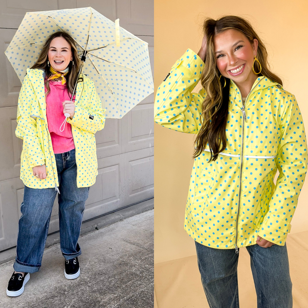 Lulu Mac | Chic Forecast Turquoise Blue Polka Dot Hooded Rain Jacket in Yellow