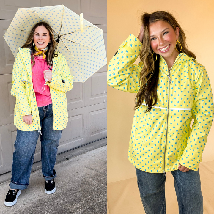 Lulu Mac | Chic Forecast Turquoise Blue Polka Dot Hooded Rain Jacket in Yellow